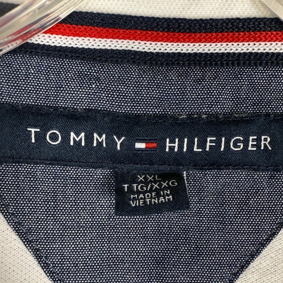 Tommy Hilfiger Polo Shirt Mens XXL White Navy Red Stripe Short Sleeve Casual - Picture 3 of 7